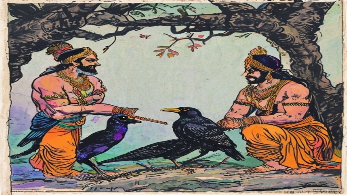 A crow in flight carries a glittering golden necklace in its beak above a royal garden where a noblewoman and guards look up in surprise