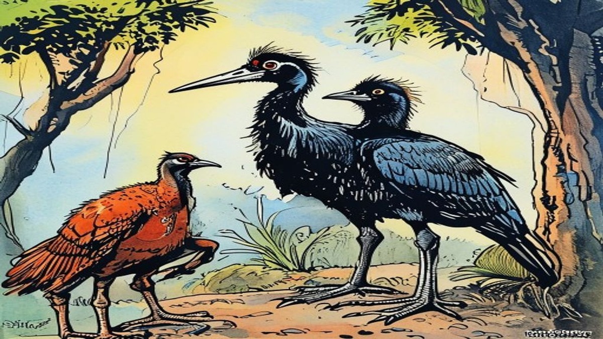 An old crane stands at the edge of a lake crying theatrically while fish and a crab gather around it with concern