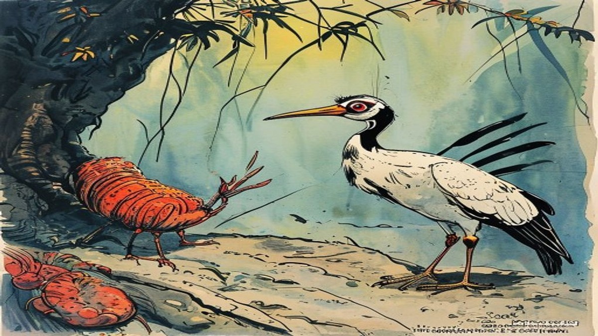 The crab grips the crane's neck with powerful claws as the crane struggles in midair over the rock strewn with fish bones