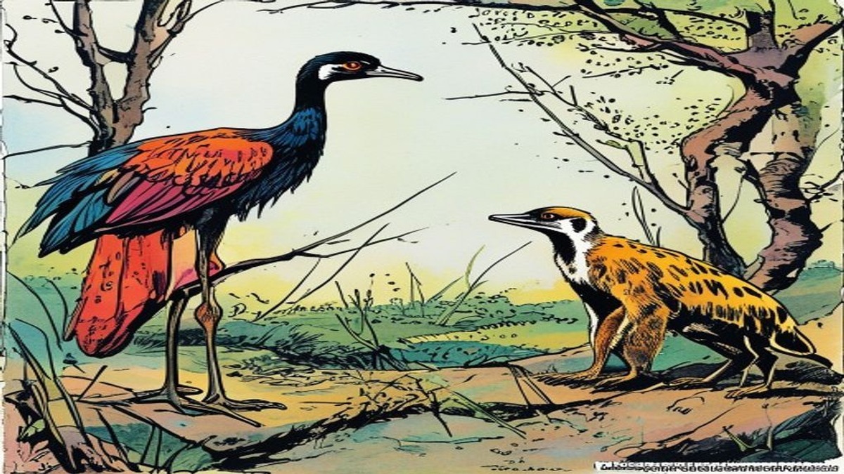 A crane weeps on the bank of a lake beside a banyan tree while a crab listens attentively, the tree hollow where a black snake lives visible in the background