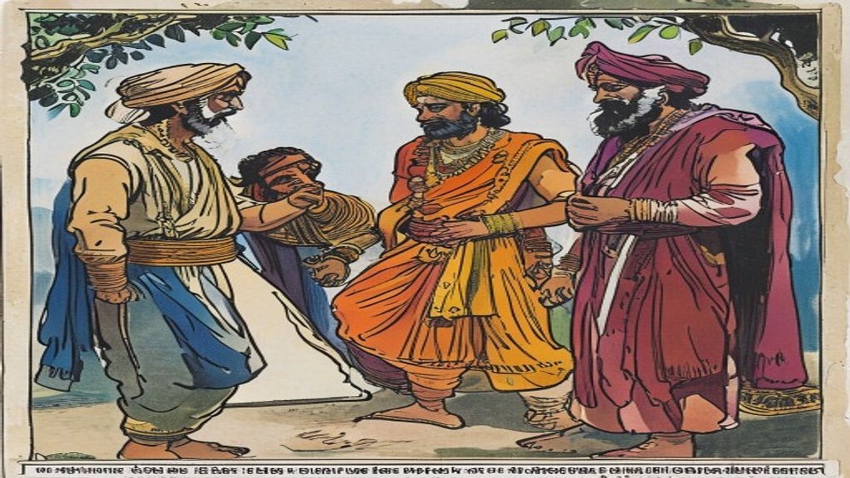 A prosperous merchant sits surrounded by goods and wealth in his counting house while associates and servants move around him
