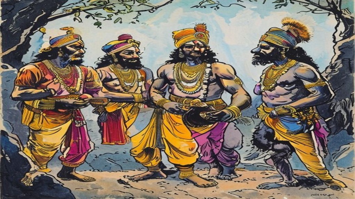 The merchant in modest dress speaks carefully with a small group of traders at a market stall, observing and listening rather than dealing