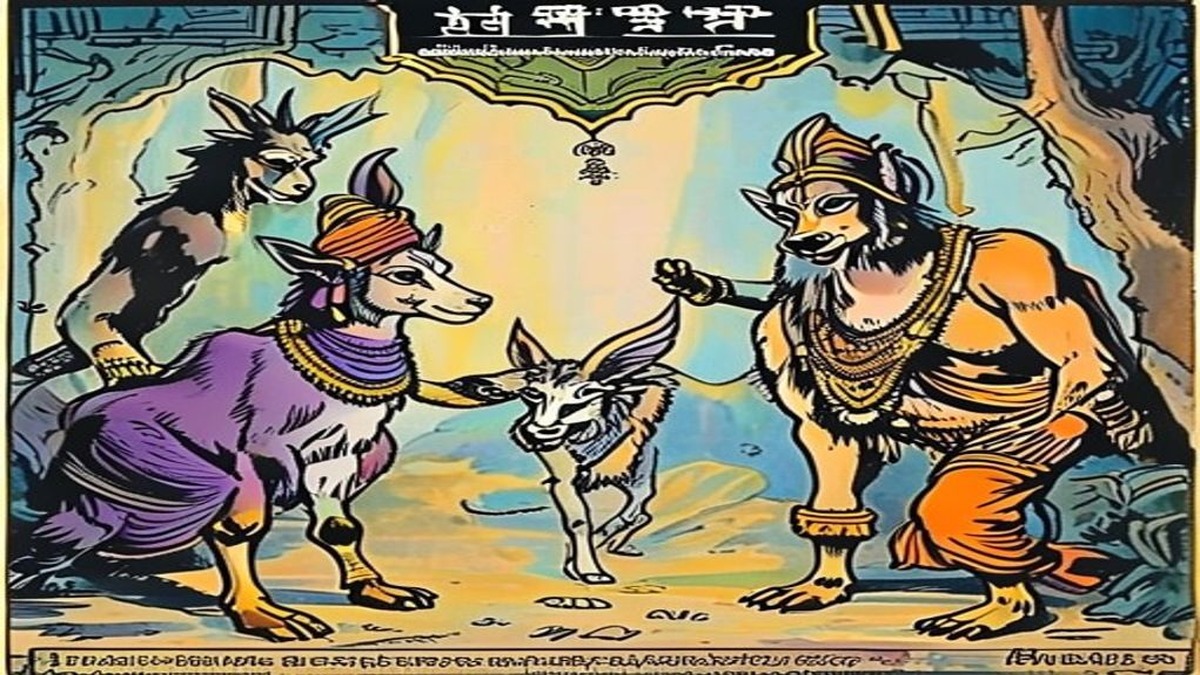 The jackal crouches between the charging rams licking blood from the ground, unaware that both animals are completing their next charge directly at him