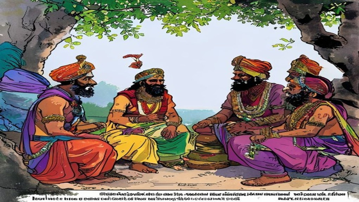 Four scholars walk along a forest road debating and gesturing animatedly, books and scrolls visible among their belongings