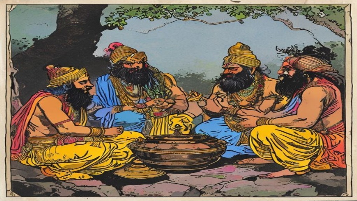 One scholar climbs a tree as the other three kneel around a nearly-completed lion body, about to breathe life into it despite the warning