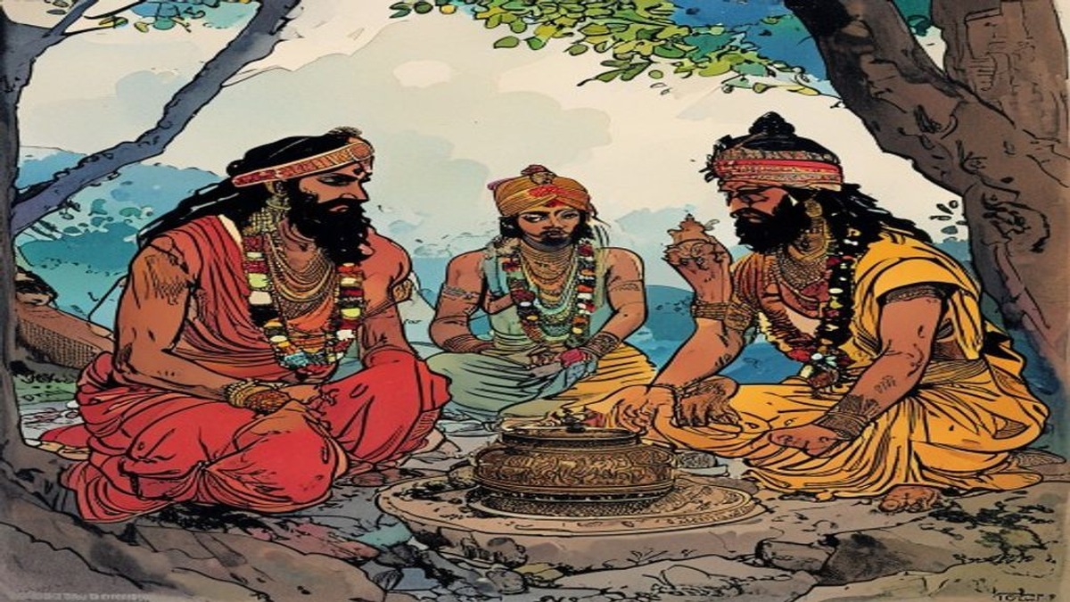 The fourth scholar descends from the tree and walks away alone, having survived by asking the one question his companions did not ask
