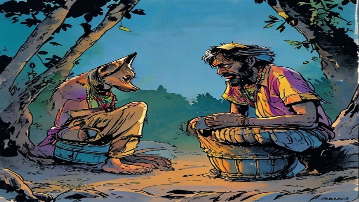 The jackal strikes the drum itself and listens, the mystery resolved, its posture relaxed as it understands the ordinary source of the alarming sound
