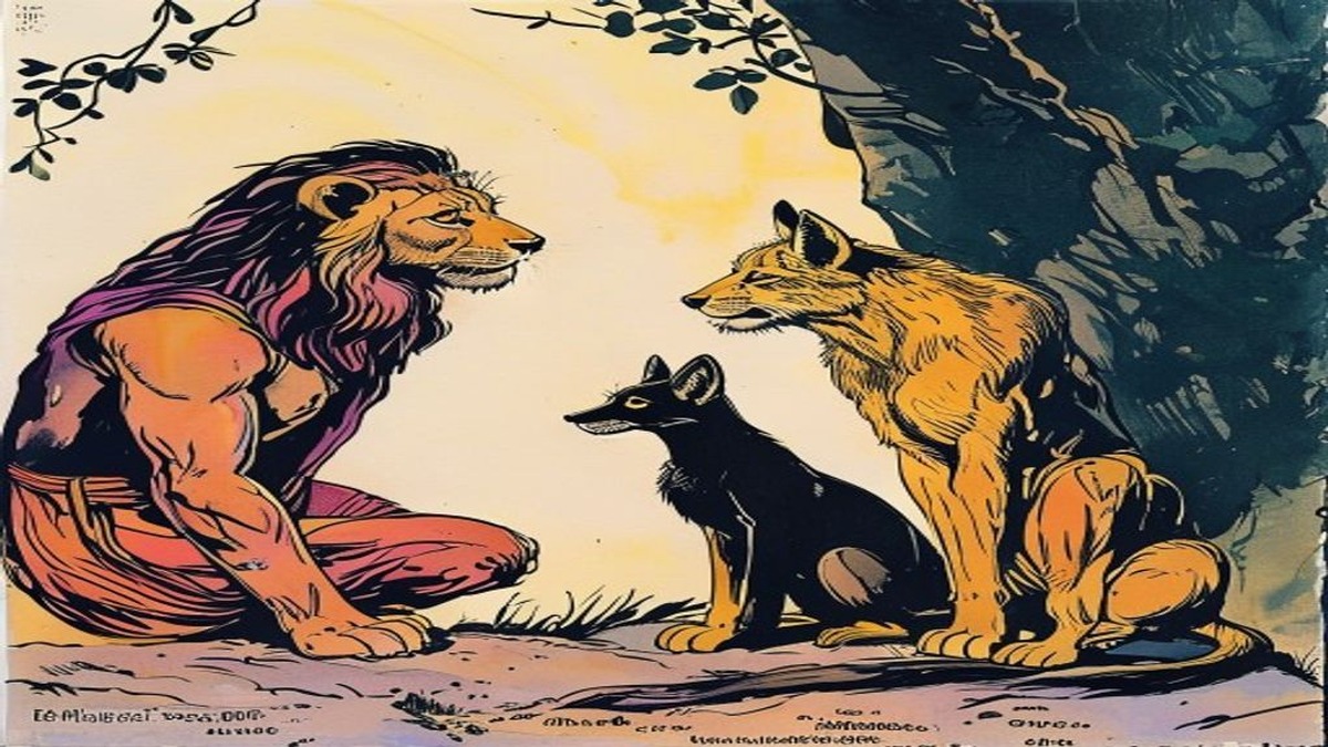 A lion and a jackal stand together at the edge of a forest, the jackal gesturing cautiously toward a distant threat while the lion surveys the scene with regal indifference