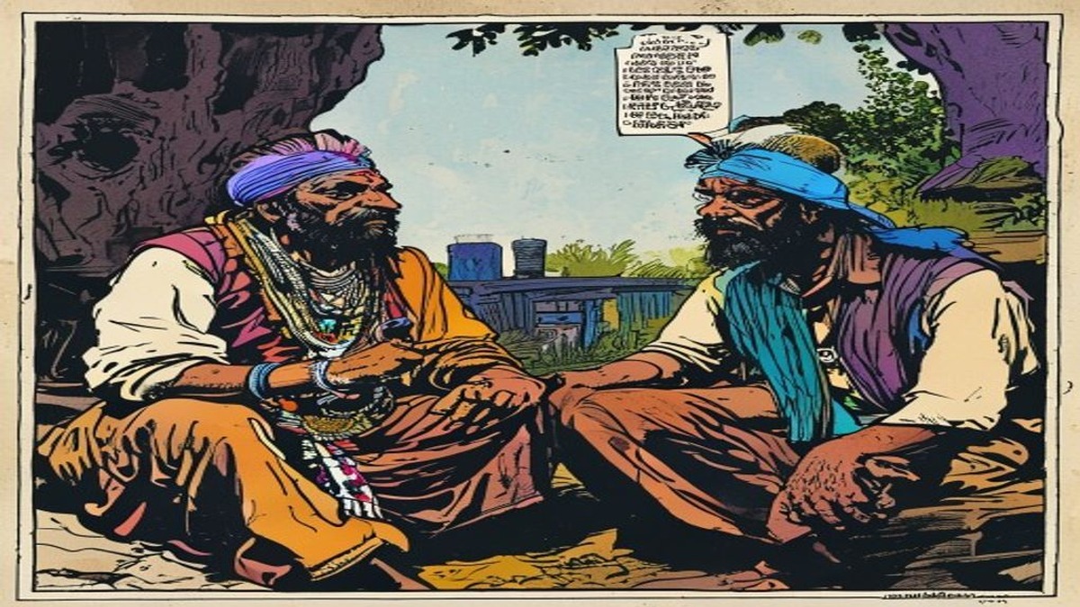 A teaching scene where an elder uses the lion and jackal story to illustrate the complementarity of power and intelligence to younger students