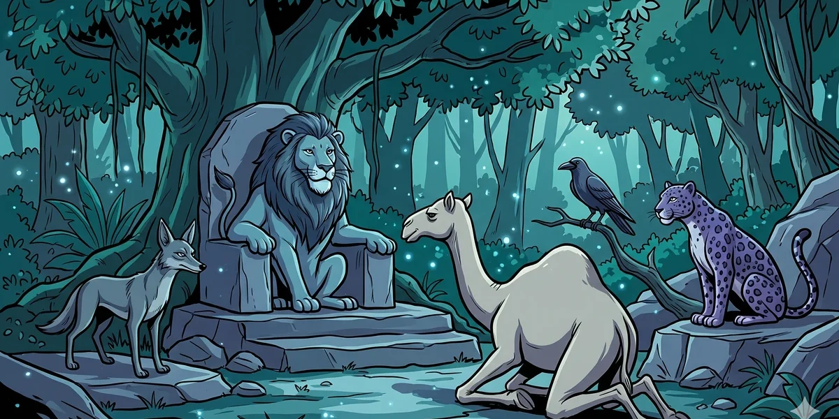 The Lion, the Camel, the Jackal and the Crow - Cover - King Madotkata the lion on his rocky throne in the cool teal jungle, the three retainers (jackal Ksudrabuddhi, crow Vayasa, leopard Citravarna) on either side, the camel Kathanaka kneeling in introduction, slate-grey rocks, deep-violet shadow, Amar Chitra Katha style, cool palette