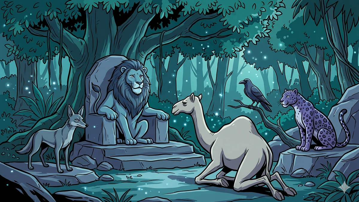 The Lion, the Camel, the Jackal and the Crow — King Madotkata the lion on his rocky throne with the three retainers and the camel Kathanaka in introduction