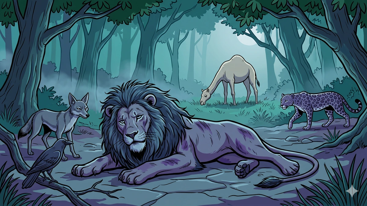 The Lion, the Camel, the Jackal and the Crow — the wounded lion lying on slate-grey stone after his fight with the mad bull-elephant, retainers concerned, camel grazing in the background