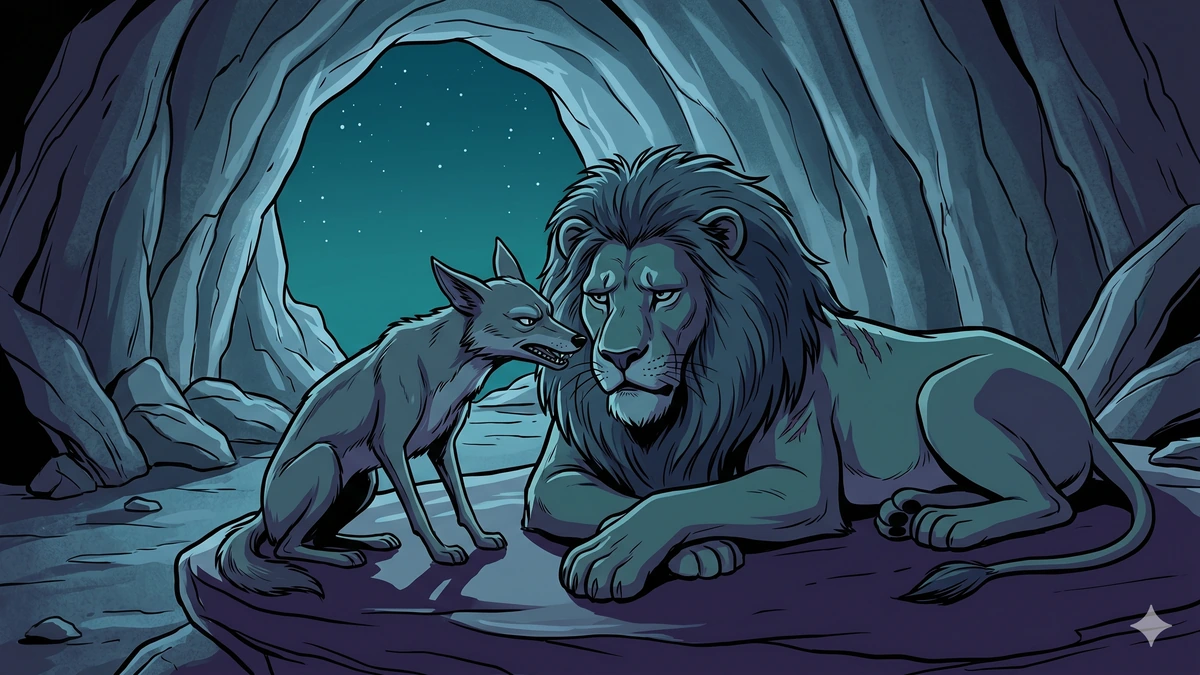 The Lion, the Camel, the Jackal and the Crow — the petty-minded jackal Ksudrabuddhi whispering the loophole at the lion's ear in the dim cool cave-light