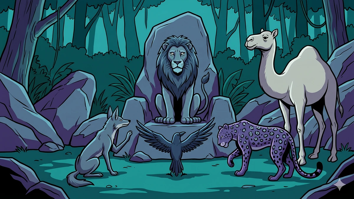 The Lion, the Camel, the Jackal and the Crow — the ritual of offerings: jackal, crow, leopard each bowing in turn before the wounded lion, the camel watching at the edge