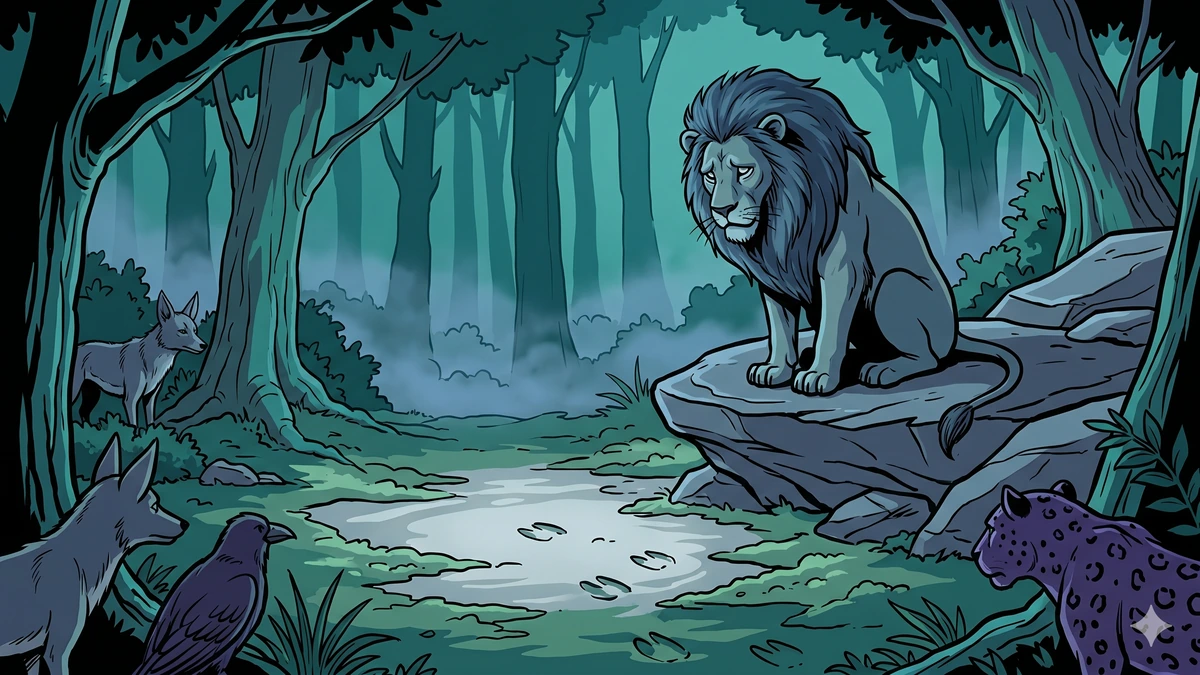 The Lion, the Camel, the Jackal and the Crow — the aftermath: the lion alone on his rock at cool dawn, his expression hollow, the conspirators in shadow, the camel's grazing place empty