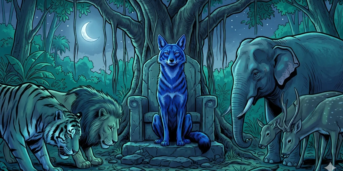 The Story of the Blue Jackal - Cover - The blue jackal Caṇḍarava on his stone throne, jungle animals bowing, cool indigo palette - Amar Chitra Katha Style
