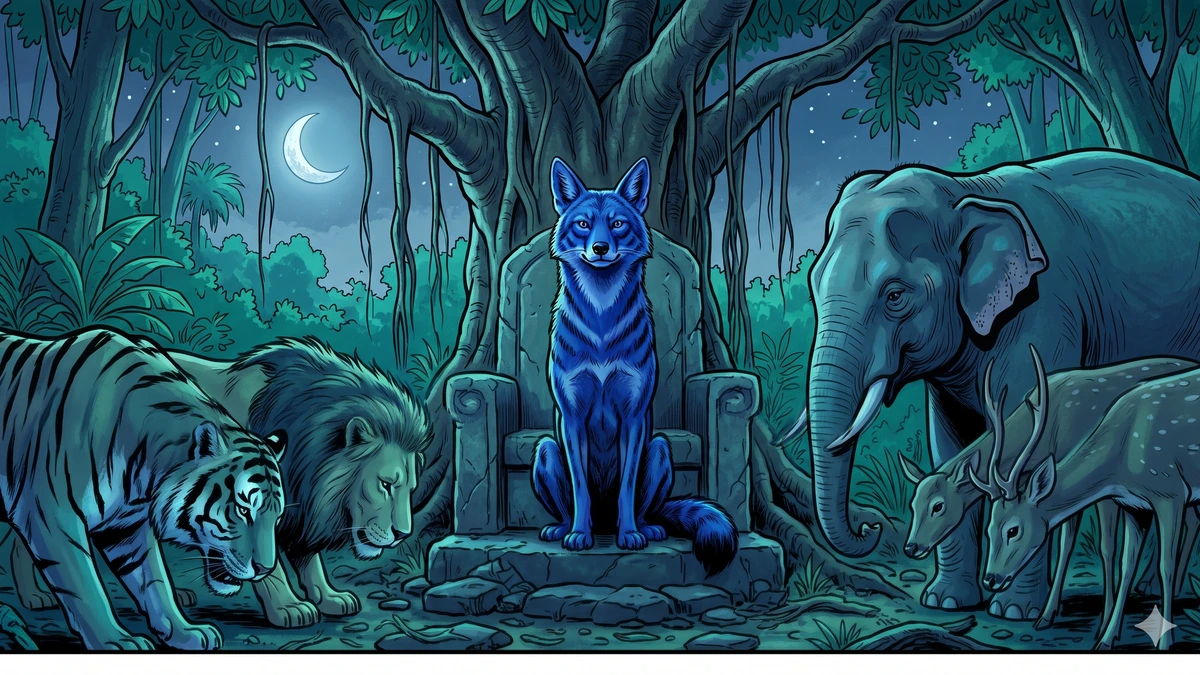 The Story of the Blue Jackal — Caṇḍarava the indigo-dyed jackal on his stone throne in a moonlit jungle, surrounded by bowing jungle animals