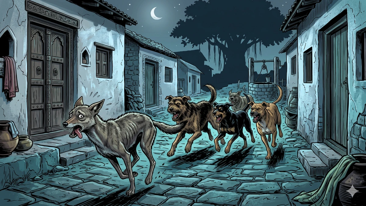 Caṇḍarava the gaunt grey jackal fleeing a furious pack of village dogs through narrow stone-paved moonlit lanes