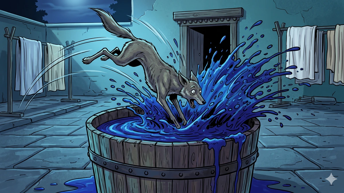 Caṇḍarava plunges headlong into a great wooden vat of deep indigo dye in the washerman's stone courtyard