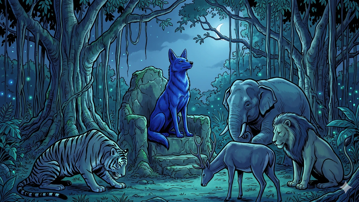 The Blue King Caṇḍarava on his stone throne, with a Bengal tiger, an Asian lion, an Indian elephant, and a sambar deer bowing in reverence