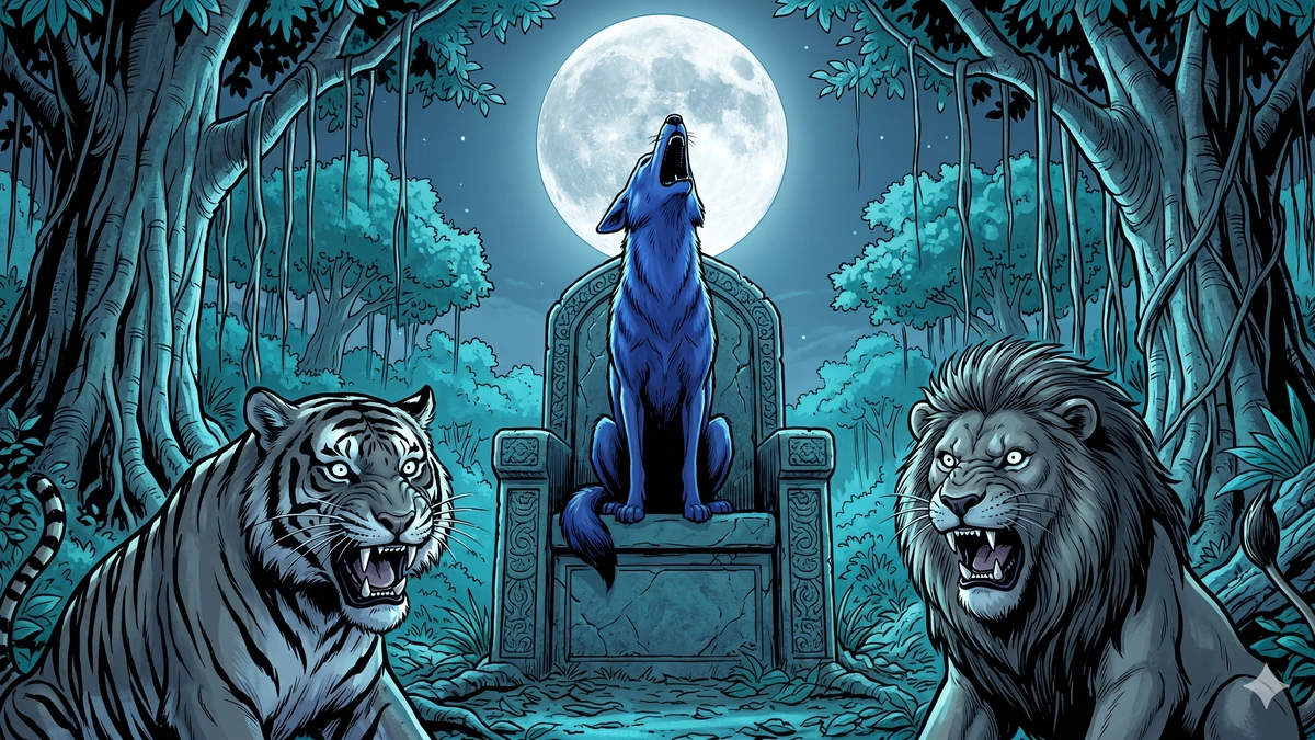 The fatal howl — Caṇḍarava throws his head back and howls at the moon while the tiger and lion realise the truth, fangs bared