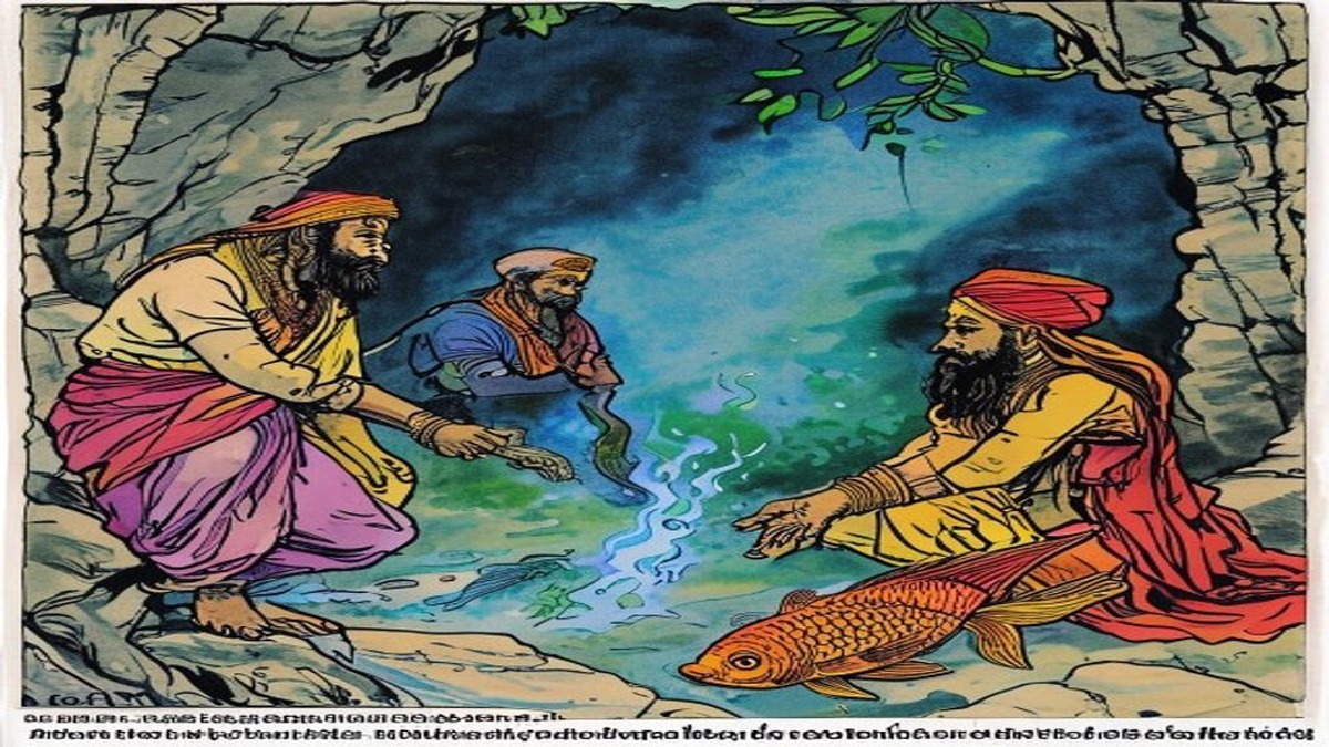 Three fish swim in a pond as a bird perches on the bank and overhears fishermen planning to net the pond the following morning