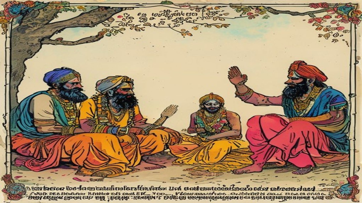 A group of Brahmin scholars sit in discussion as a traveller approaches their camp, introducing himself with elaborate courtesy and apparent humility