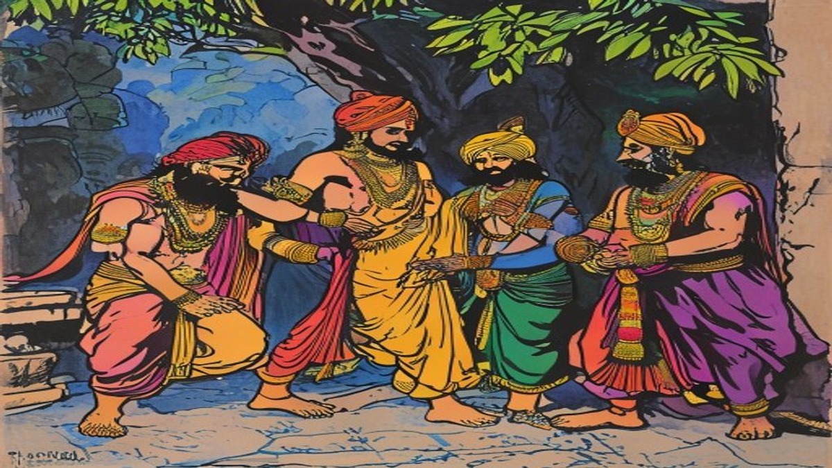 The stranger sits among the Brahmins confessing he is a thief while one Brahmin gestures urgently for the group to reconsider the admission, the others appearing uncertain