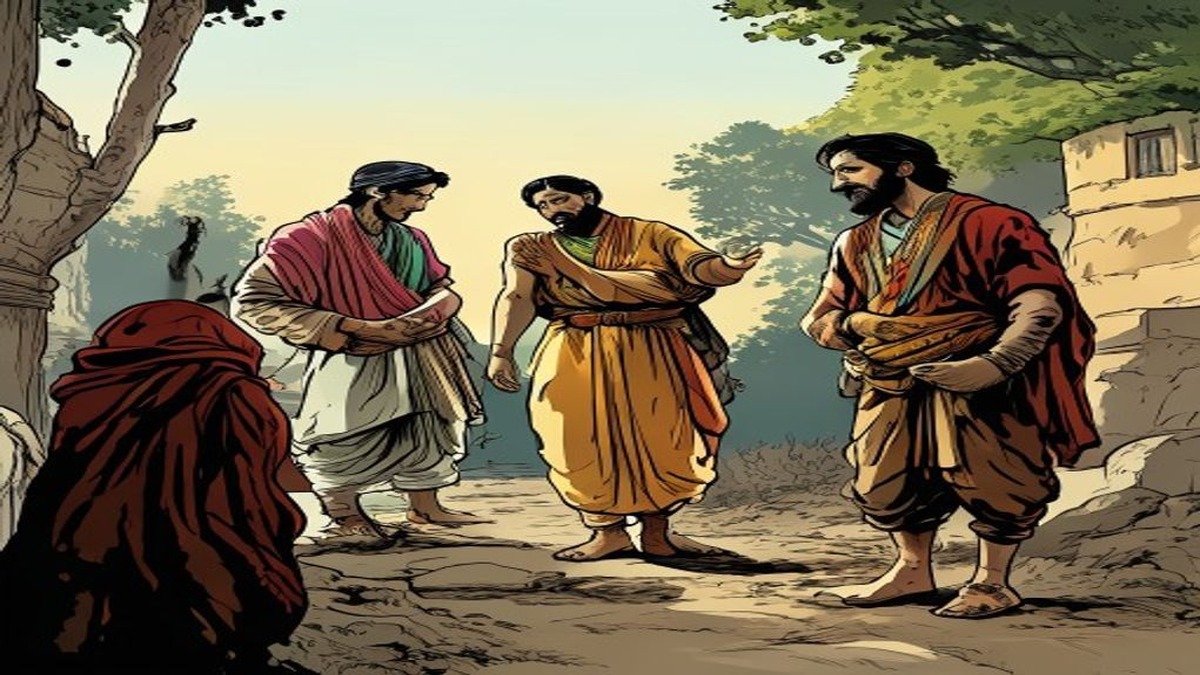 The Brahmins discover their valuables are gone and the stranger has vanished, the cautious Brahmin standing apart with an expression of resigned understanding