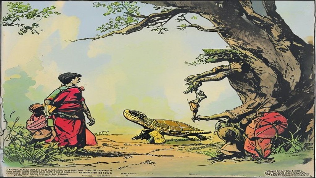 Villagers point and shout upward at the flying geese and turtle, their expressions ranging from amazement to mockery, the turtle's expression tightening with the effort of restraint