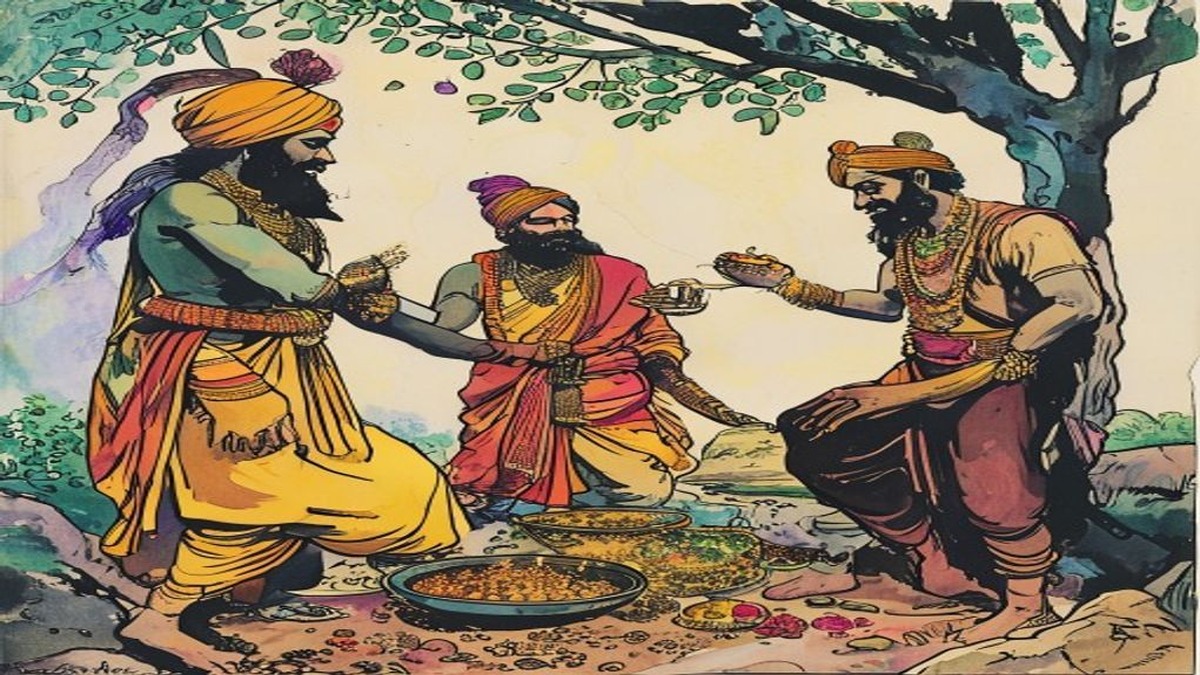 A Brahmin woman prepares food in a modest household as guests arrive, her expression conveying the tension between generous intention and limited means