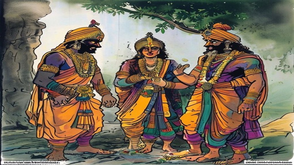 A wise counsellor presents an honest assessment of limited resources to a king, the king listening carefully, the parallel with Shandili's honest hospitality evident