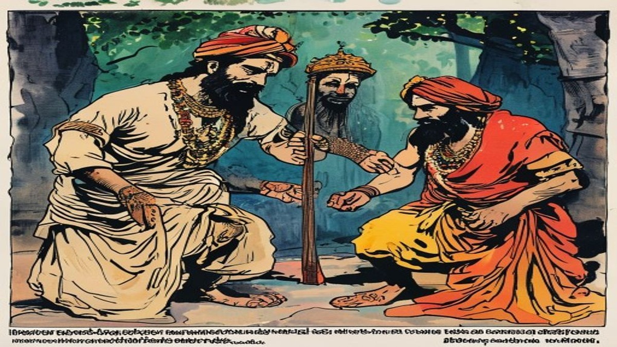 A young merchant's son sets out from a prosperous home on a journey, his father watching from the doorway with an expression that combines hope and concern