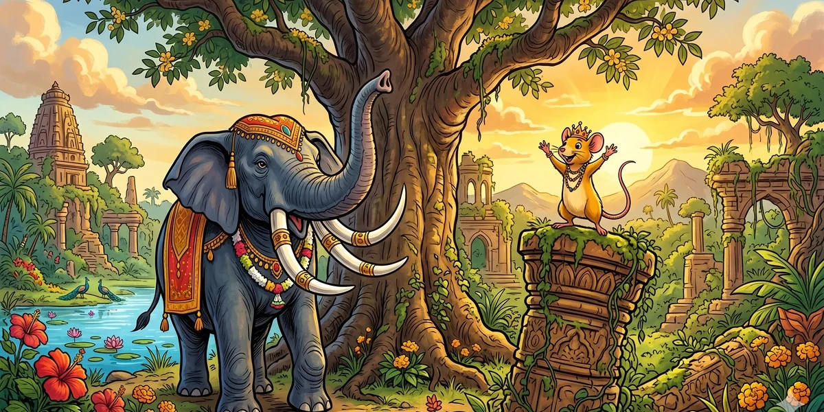 The Elephants and the King of Mice - Cover - Split scene of Chaturdanta the four-tusked elephant-king and Mushikaraja the golden mouse-king under a great sal tree at golden afternoon, ruined city behind, vibrant Amar Chitra Katha style