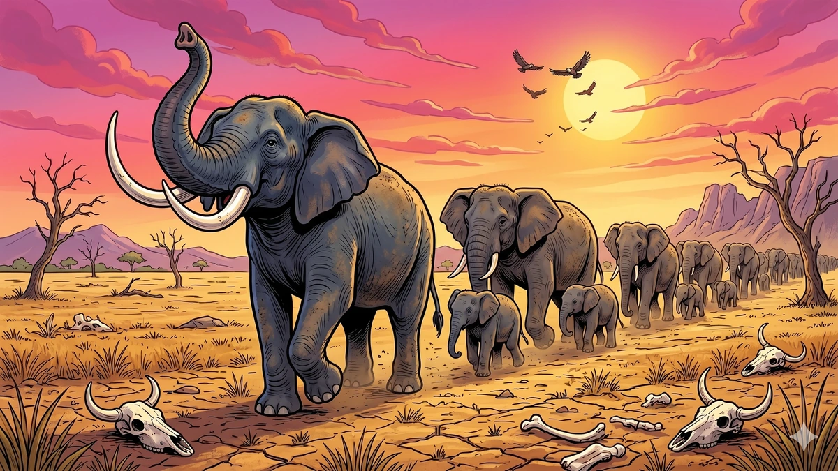 The Elephants and the King of Mice — the thirsty herd marches across a parched sunset plain, Chaturdanta leading with trunk lifted, vultures circling, Amar Chitra Katha style