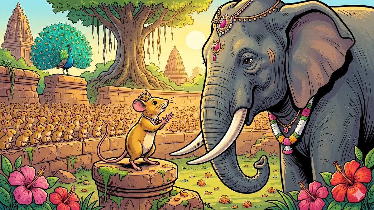 The Elephants and the King of Mice — Mushikaraja the tiny mouse-king on a moss-covered pillar addressing the great elephant-king Chaturdanta, who lowers his head in respect, the mouse clan watching, vibrant ACK style