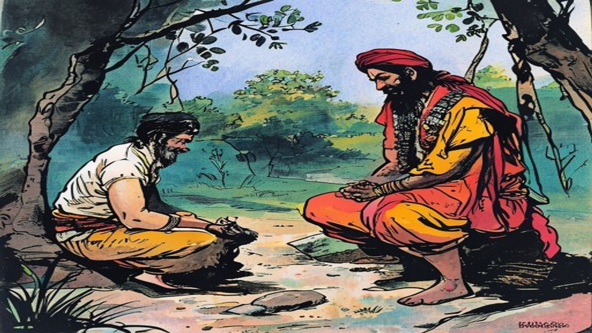 A hermit with yogic powers reaches toward a small mouse cornered by a cat, his expression combining compassion and calm certainty as he prepares to transform it into something capable of defending itself