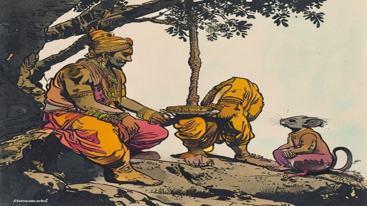 The now-human figure in the hermitage makes a dismissive gesture toward a mouse, while the hermit watches from nearby with an expression of quiet attention rather than anger