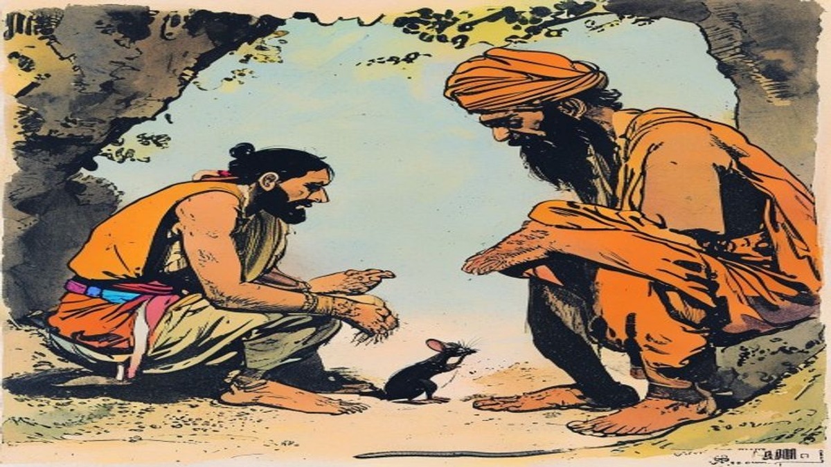 The hermit performs the retransformation, the human returning to mouse form, the hermit's posture conveying not anger but the quiet certainty of a teacher making a point that only demonstration can make