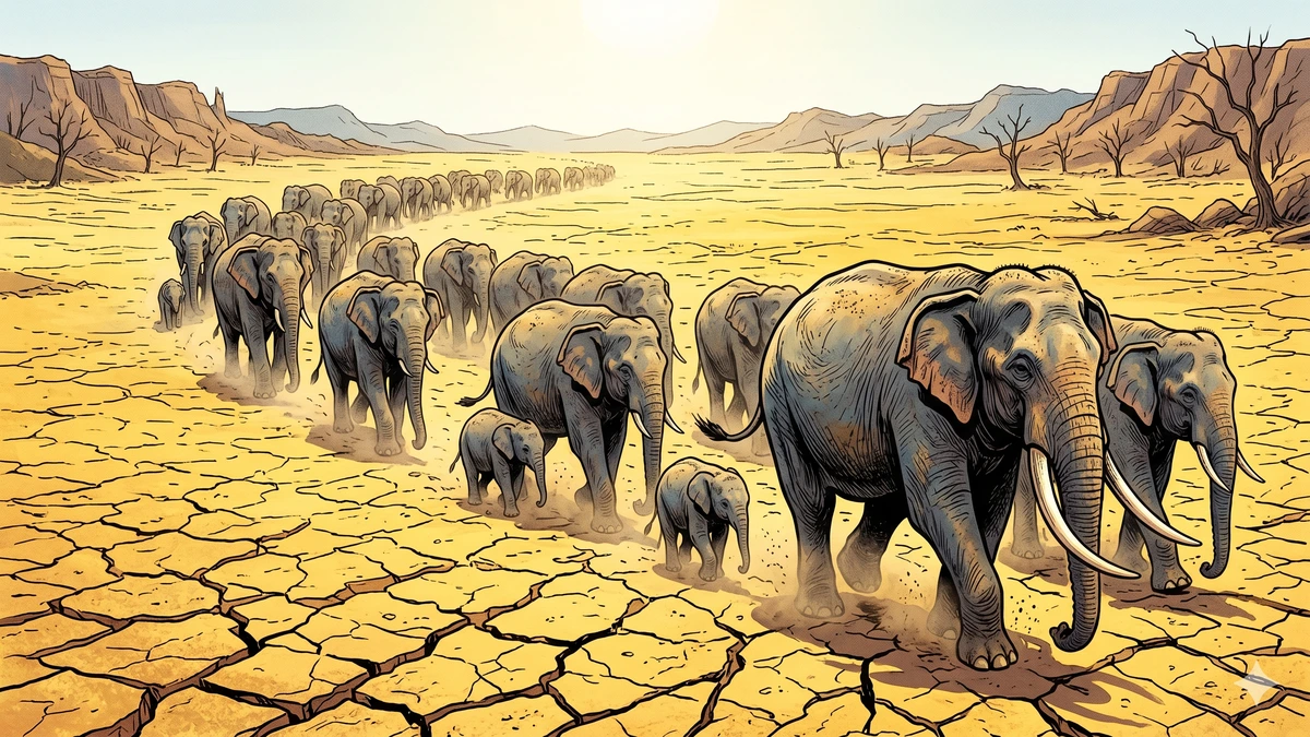 Elephants migrating across drought-cracked plain