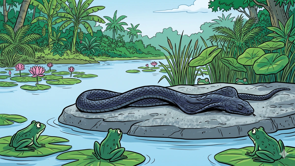 Old snake lying limp at the edge of the lake while frogs watch suspiciously