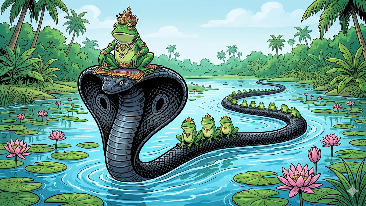 Frog king Gangadatta sits crowned on the cobra's hood with ministers behind