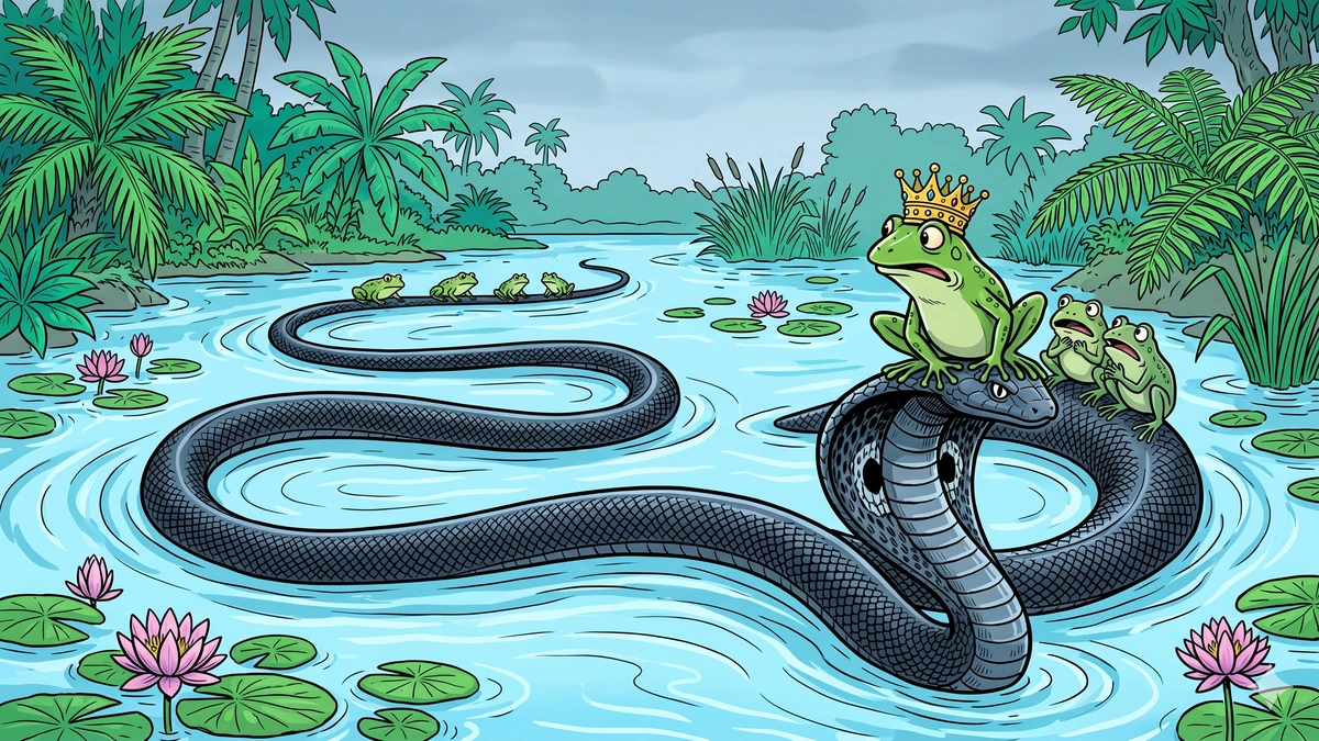 Worried frog king on the snake's hood looking back at his dwindling subjects