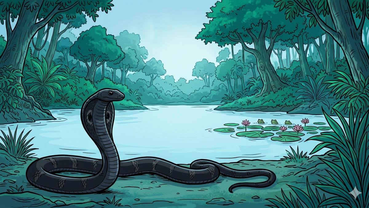 Strong well-fed cobra alone beside a quiet, almost empty pond