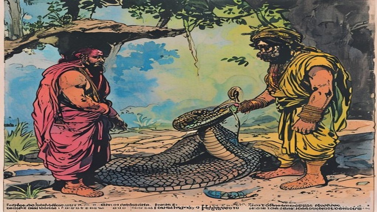 A brahmin approaches a cobra's anthill bearing an offering of milk in a bowl, his posture conveying the hope of reconciliation with a creature whose nature makes genuine peace impossible