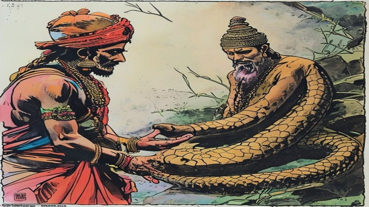 The brahmin receives the news of his son's death with an expression that combines grief and the dawning recognition that the cobra's nature made the outcome inevitable from the moment the false conciliation was attempted