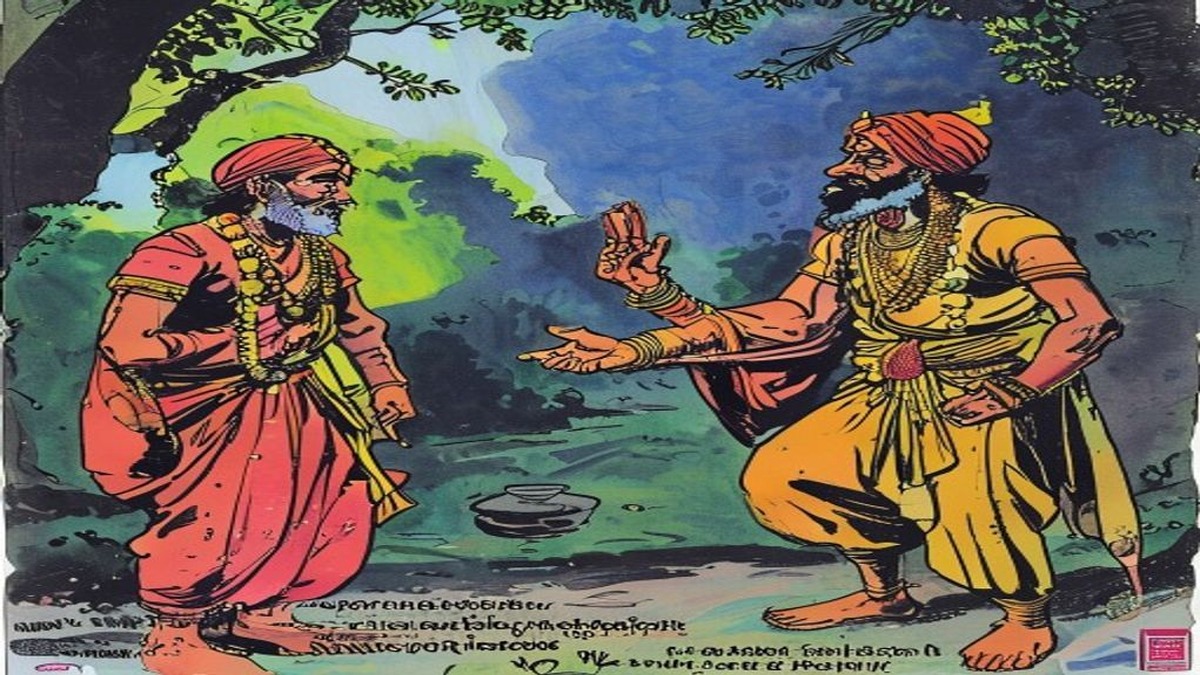 A brahmin walks along a road carrying a goat, while three rogues watch from different points along the road, already coordinating the sequence of false testimony that will separate the brahmin from his animal