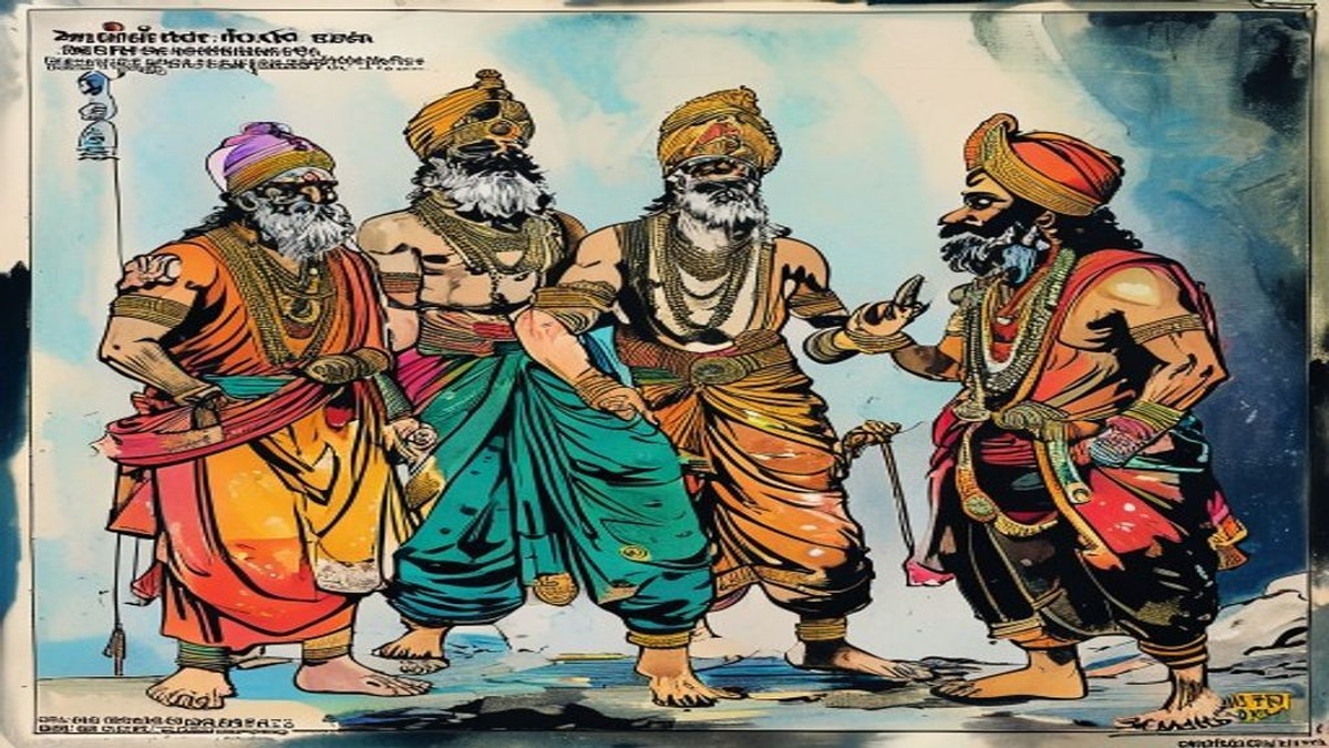 The third crook delivers his testimony to the increasingly uncertain brahmin, who now holds the goat at arm's length with the specific discomfort of someone whose direct perception is being overridden by accumulated testimony