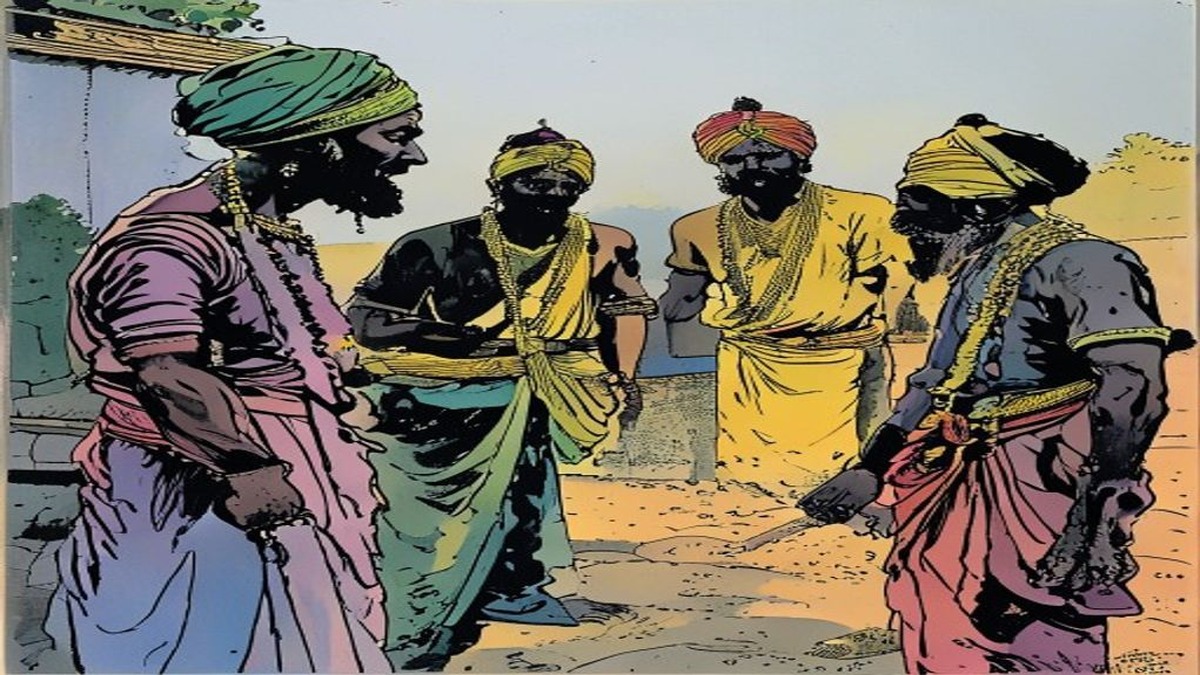 The three crooks meet in a side lane after the brahmin has walked away, sharing the goat among themselves with the easy confidence of people who have executed a well-planned deception