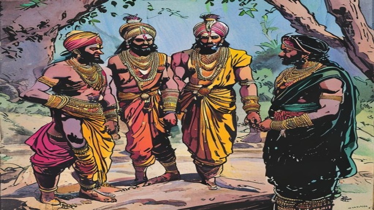 The brahmin, empty-handed, looks back down the road where the goat is gone, the expression of someone who has understood too late what was done to him and how it was done